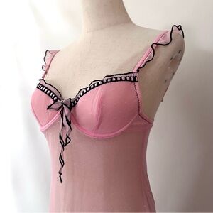 Lormar 2 Italy Pink Mesh Black Edged Ruffle Sequins Padded Bra Lingerie Small